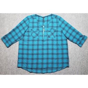 Cathy Blouse Womens XL Crystal Teal White 3/4 Zip Plaid Roll Tab Sleeve New